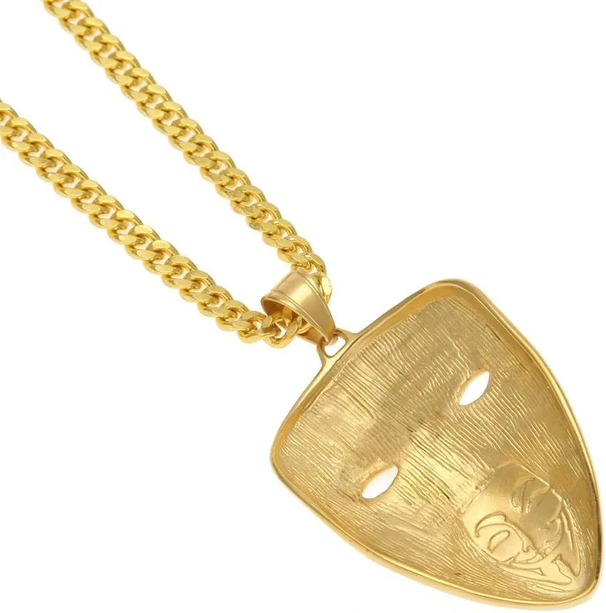 Mens Halloween Punk Mask Pendant Jewelry Gold Plated Stainless Steel V-shaped Horror Pendant Necklace