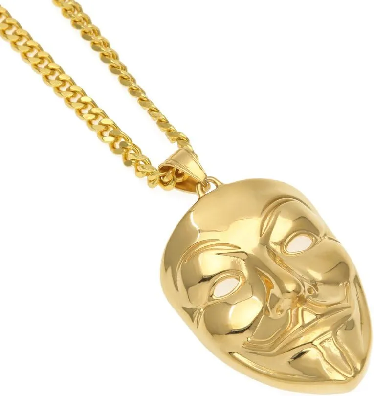 Mens Halloween Punk Mask Pendant Jewelry Gold Plated Stainless Steel V-shaped Horror Pendant Necklace
