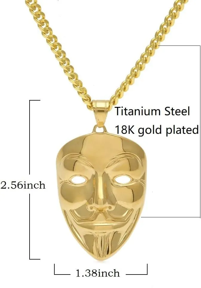 Mens Halloween Punk Mask Pendant Jewelry Gold Plated Stainless Steel V-shaped Horror Pendant Necklace
