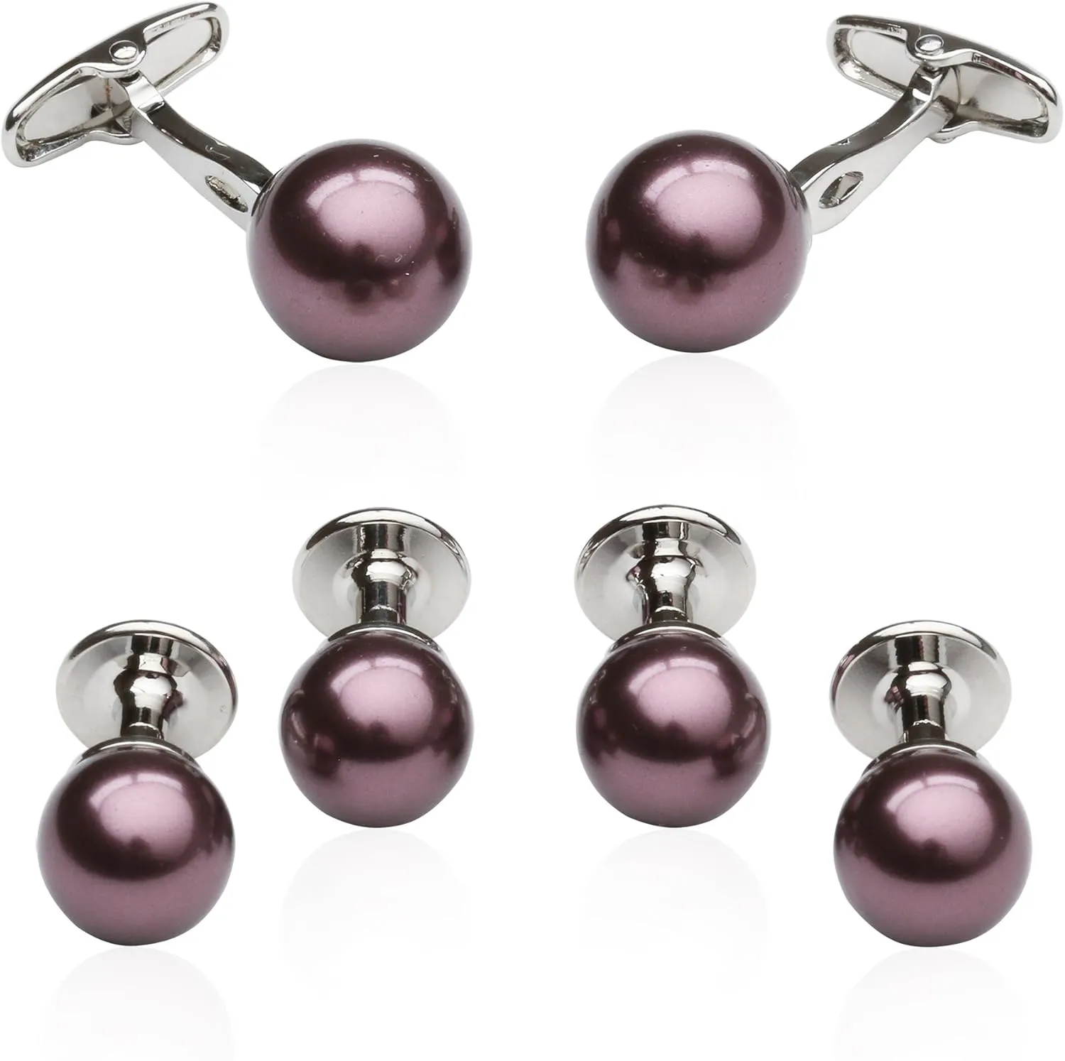 Mens Purple Simulated Pearl Cufflinks & Studs Mauve Eggplant Tuxedo Formal Set for Wedding Groomsmen Groom with Travel Presentation Gift Box for Special Occasions