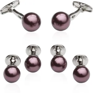 Mens Purple Simulated Pearl Cufflinks & Studs Mauve Eggplant Tuxedo Formal Set for Wedding Groomsmen Groom with Travel Presentation Gift Box for Special Occasions