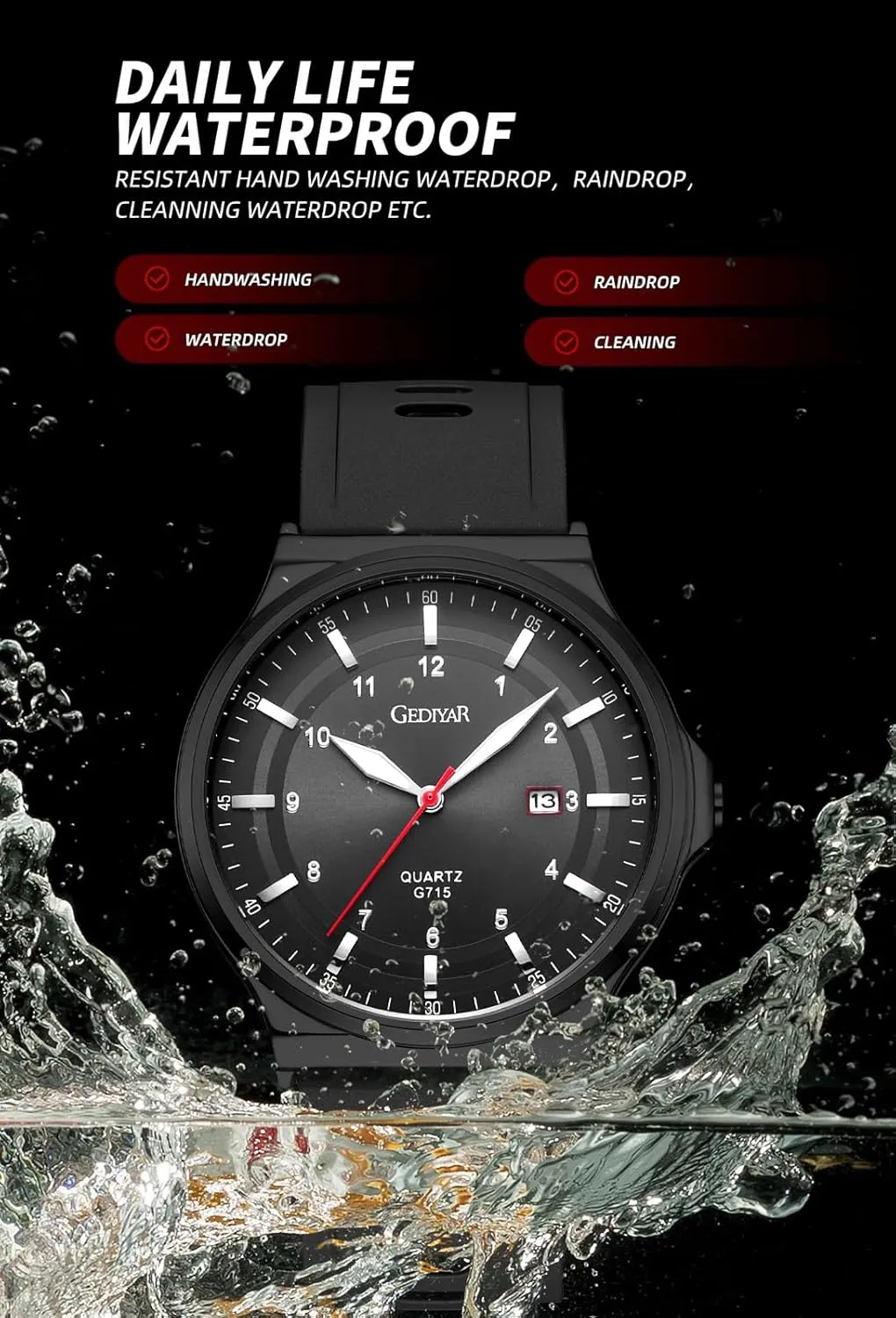 Men's Silicone Analog Quartz Watch, Easy Read Fashion Business Dress Casual Sport, Waterproof, Date Calendar, Wrist Watch for Men
