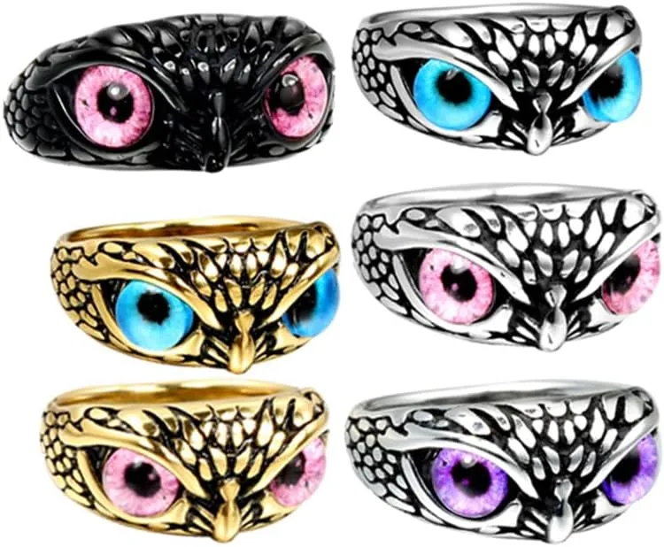 Men's Women's Vintage Animal Owl Head Gothic Biker Gemstone Ring