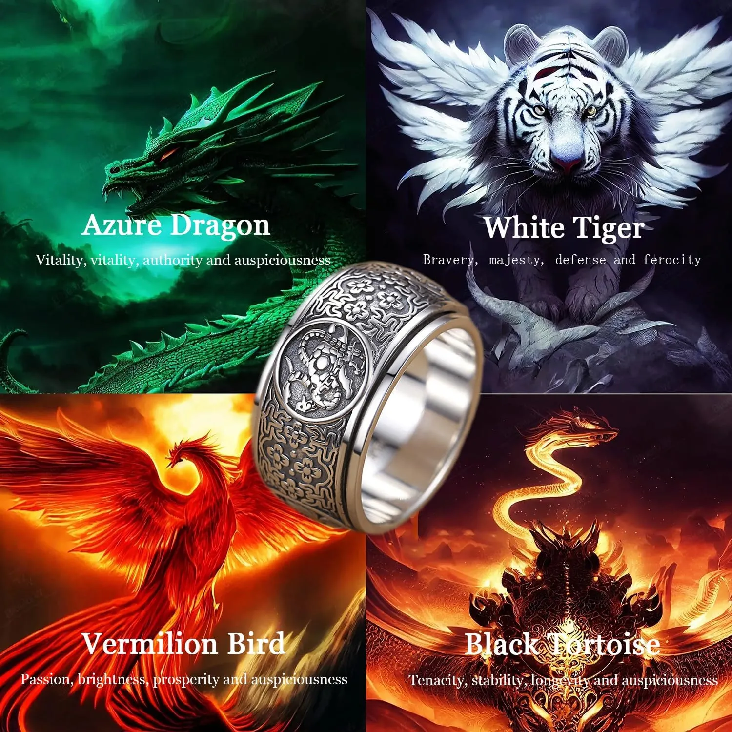MERAD Lucky Ring, 925 Sterling Silver Four Symbols Ring, Chinese Ancient 4 Guardian Beasts Ring, Lucky Wealth Money Ring, Neo Chinese Style Rings Gift for Men