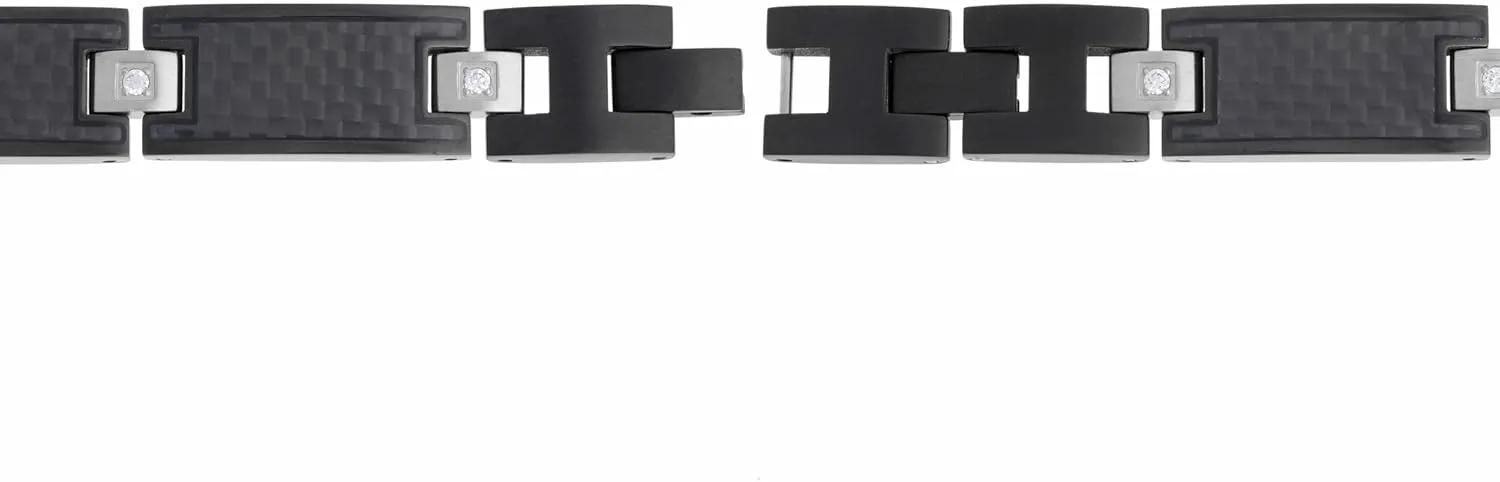 Metro Jewelry Thick Specialty Bracelet for Men in Stainless Steel with Black Carbon and Black Plating or 0.12 Carat Diamond - 8.5 Inches Long and 11 mm Wide with Fold Over Clasp