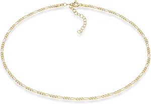 Miabella 18K Gold Over 925 Sterling Silver Figaro, Beaded Singapore, Sparkle, Cuban Link Chain, Adjustable Choker Necklace for Women Made in Italy (Figaro, Length 15 2 Inches,)