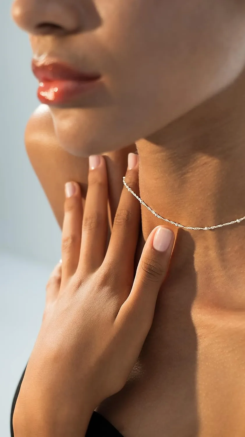Miabella 925 Sterling Silver, 18K Gold Plated Figaro, Beaded Singapore, Sparkle, Cuban Link Chain, Choker Necklace for Women Made in Italy