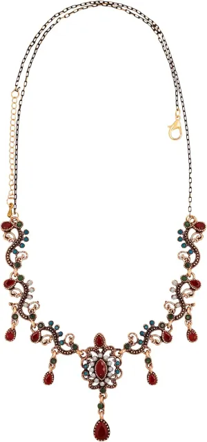 MINACHI Medieval Vintage Love Flower Pendant with Red Green Sparkle Glass Bead Necklace, Royal Temperament Christmas Necklace Jewelry for Women