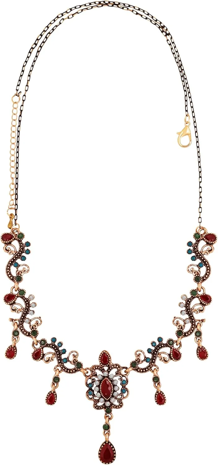 MINACHI Medieval Vintage Love Flower Pendant with Red Green Sparkle Glass Bead Necklace, Royal Temperament Christmas Necklace Jewelry for Women