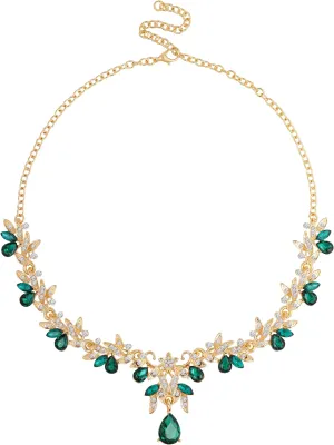MINACHI Medieval Vintage Rhinestone Necklace, Bonus Earrings, Transparent and Green, Wedding Holiday Necklace Jewelry for Women