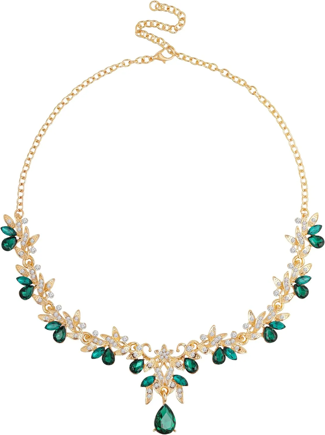 MINACHI Medieval Vintage Rhinestone Necklace, Bonus Earrings, Transparent and Green, Wedding Holiday Necklace Jewelry for Women
