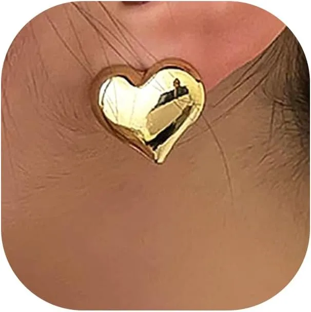 Minimalist Gold Heart Stud Earrings for Women,Modern Silver Geometric Chunky Metal Love Piercing Earrings,Lightweight Statement Jewelry Gifts