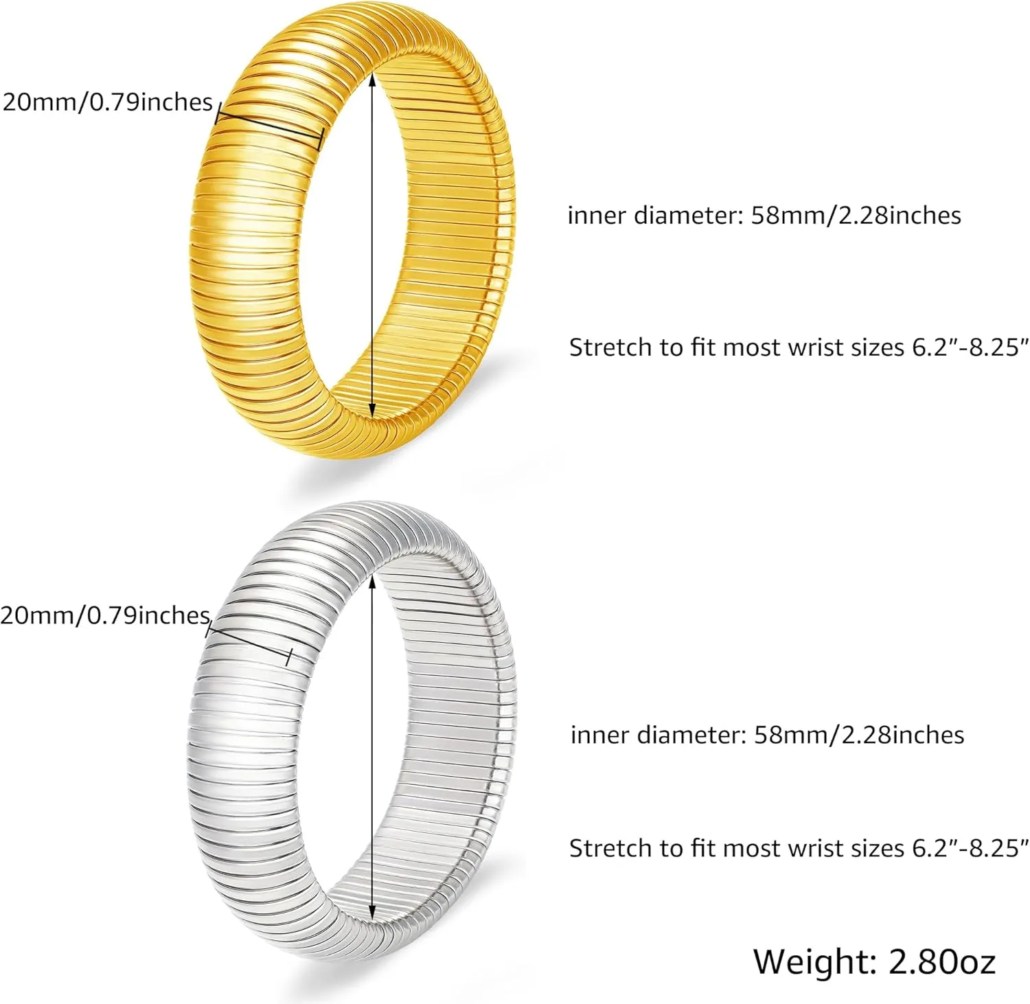 MISS RIGHT Gold Chunky Stretch Snake Chain Bangle Bracelets Stack for Women Trendy, 18K Gold Filled Stainless Steel Stretchy Womens Stackable Wristband Bangles Bracelet Set