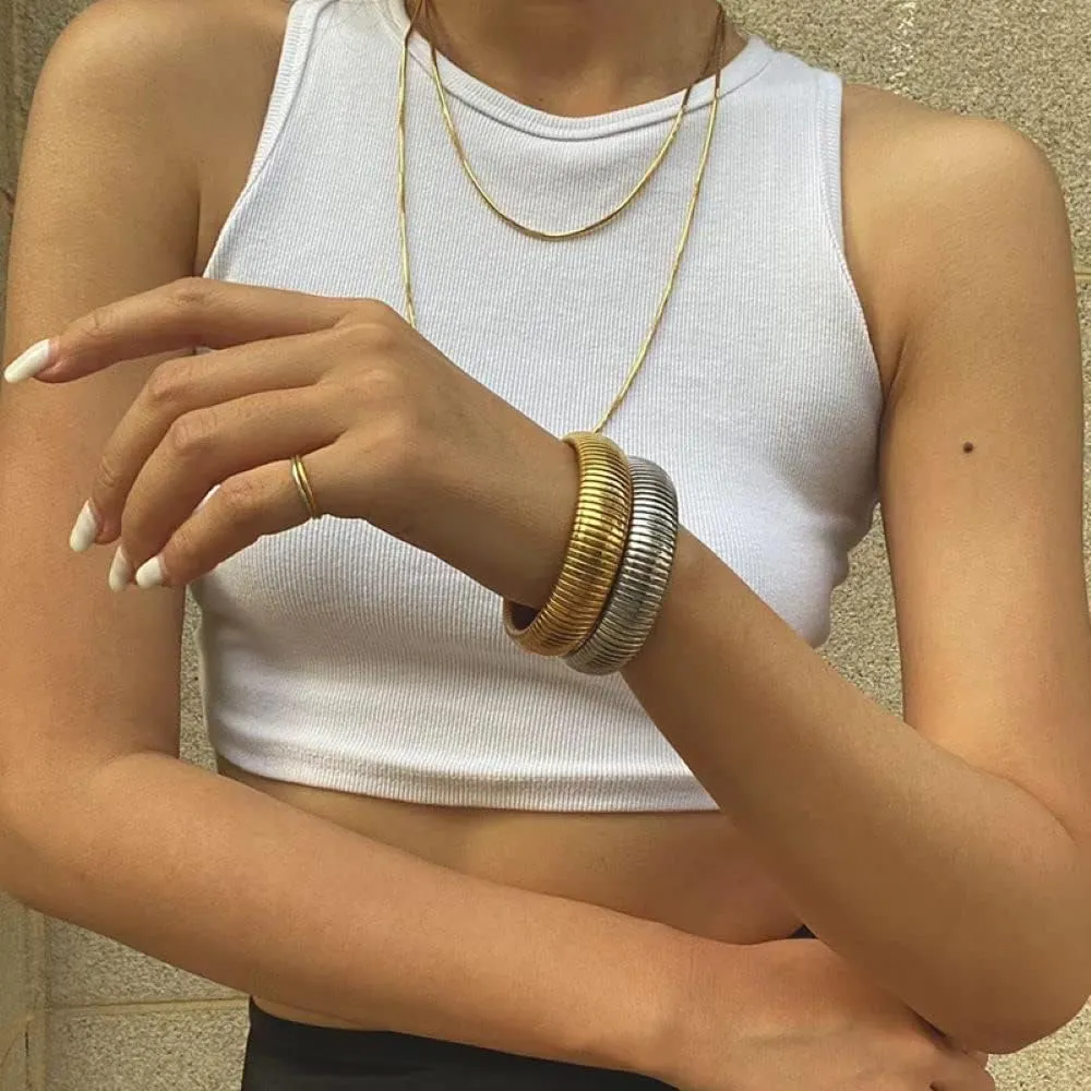 MISS RIGHT Gold Chunky Stretch Snake Chain Bangle Bracelets Stack for Women Trendy, 18K Gold Filled Stainless Steel Stretchy Womens Stackable Wristband Bangles Bracelet Set