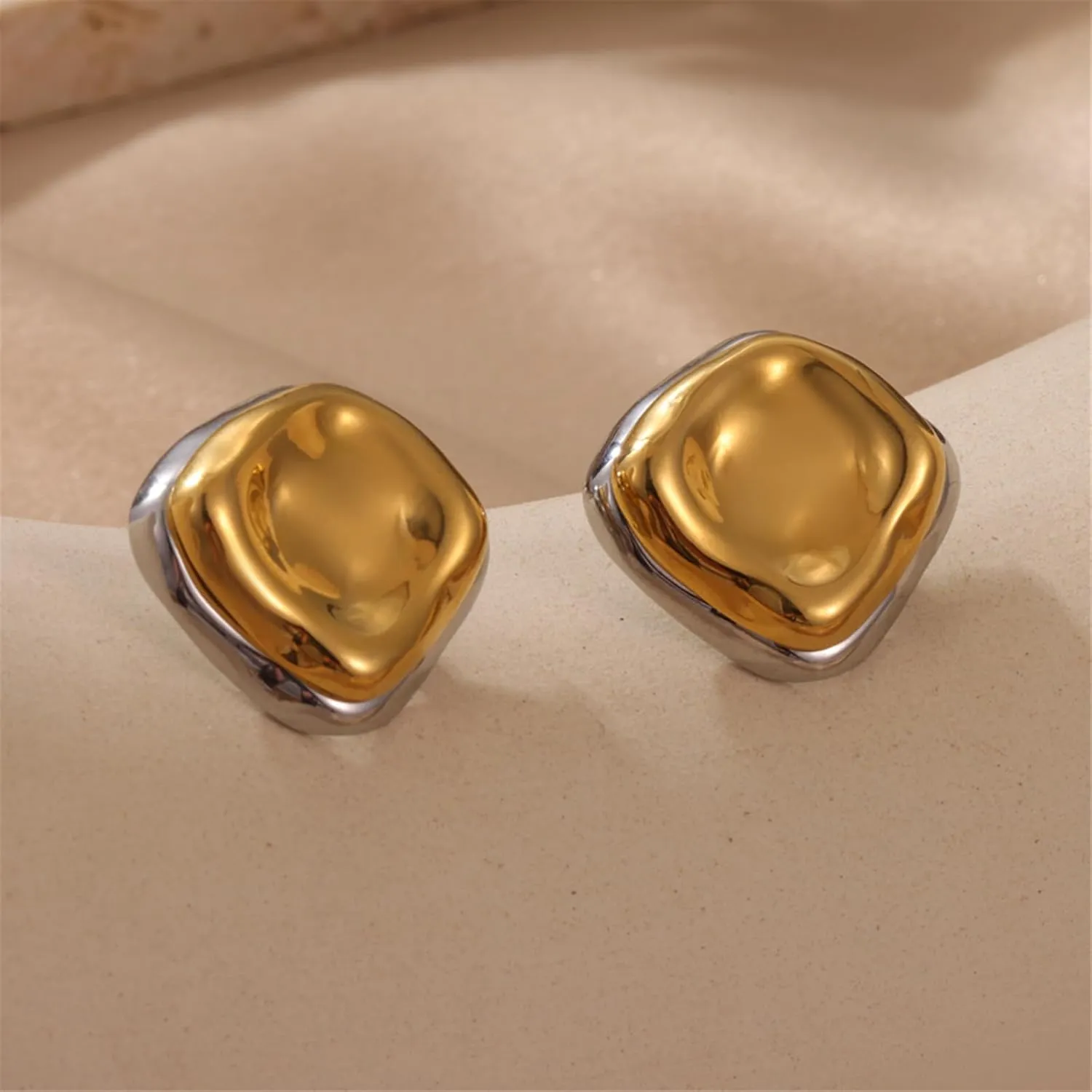 Mixed Metal Earrings, Gold and Silver Mix Color Chunky Stud Earrings,Hypoallergenic Two Tone Irregular Geometric Studs for Women,Thick Chunky Modern Earrings
