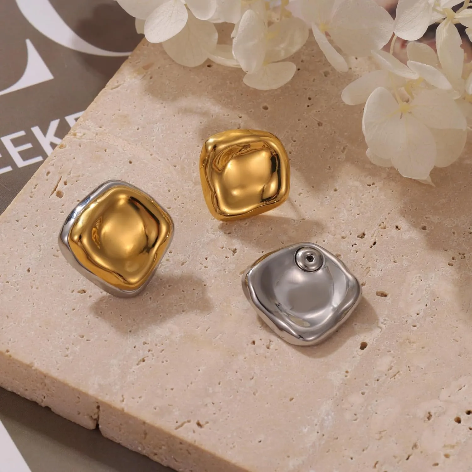 Mixed Metal Earrings, Gold and Silver Mix Color Chunky Stud Earrings,Hypoallergenic Two Tone Irregular Geometric Studs for Women,Thick Chunky Modern Earrings
