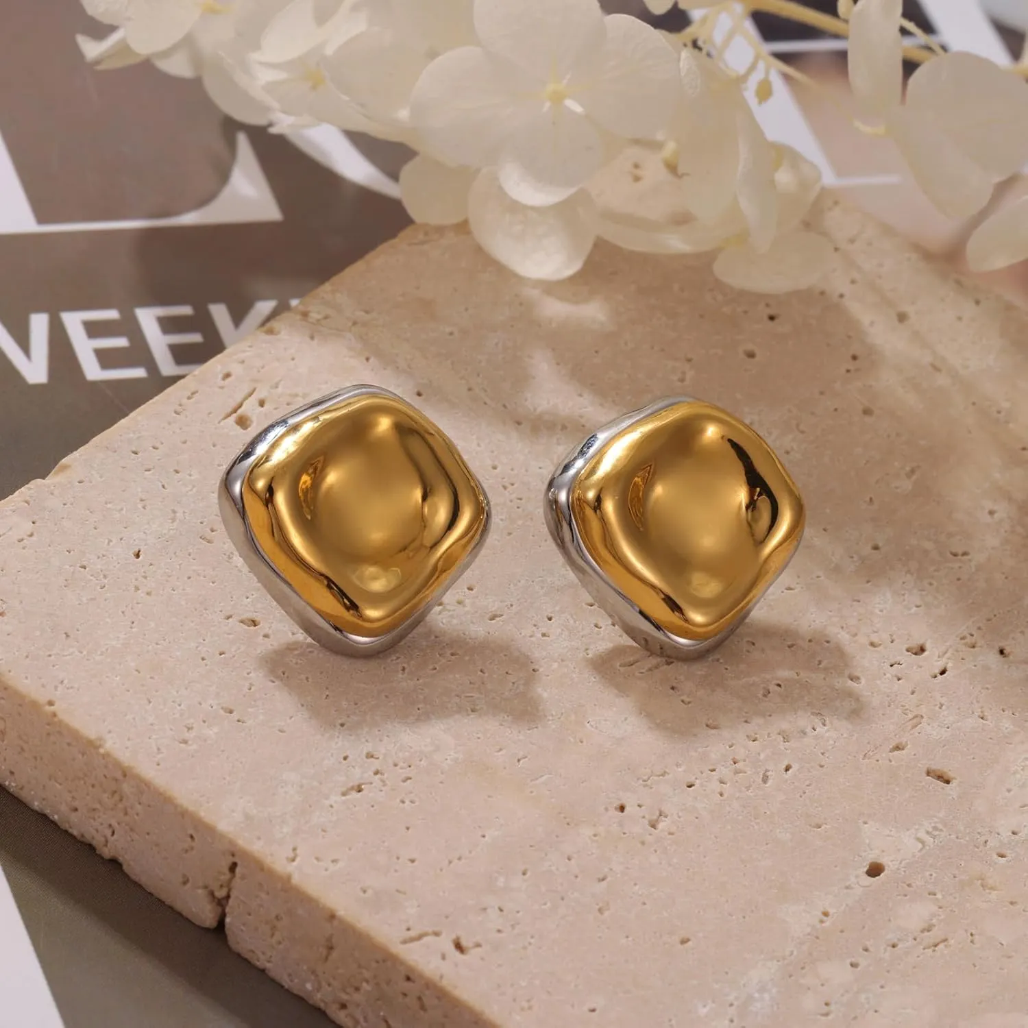 Mixed Metal Earrings, Gold and Silver Mix Color Chunky Stud Earrings,Hypoallergenic Two Tone Irregular Geometric Studs for Women,Thick Chunky Modern Earrings