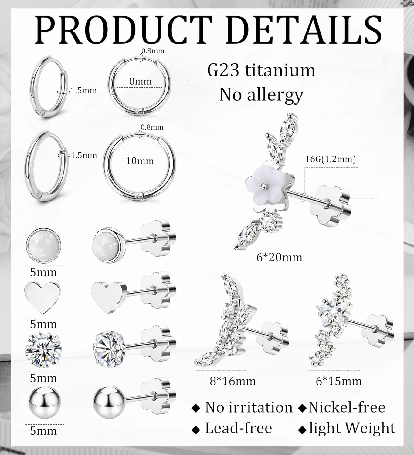 MJust Hypoallergenic Surgical Steel Earrings for Women & Men Flat Back Studs & Hoops Earrings Set for Sensitive Ears, Screwback Earrings for Cartilage
