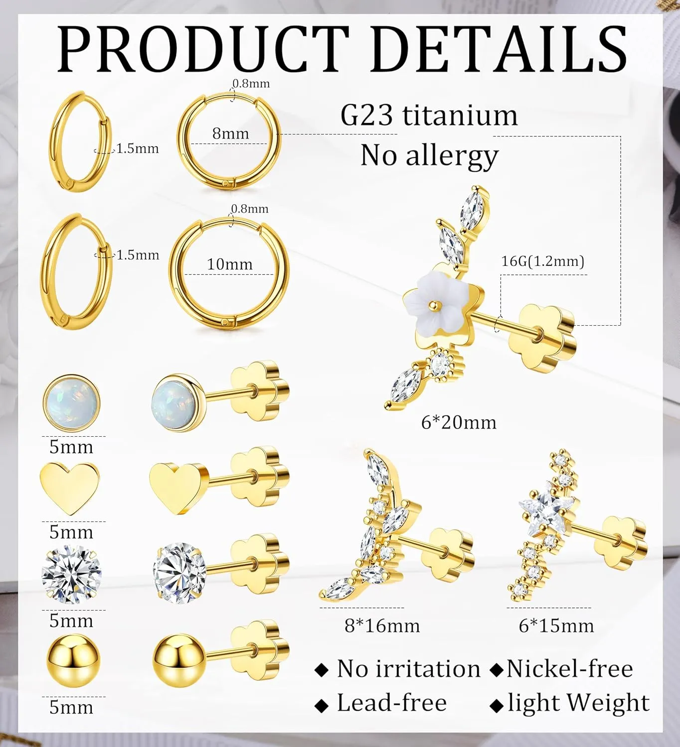 MJust Hypoallergenic Surgical Steel Earrings for Women & Men Flat Back Studs & Hoops Earrings Set for Sensitive Ears, Screwback Earrings for Cartilage