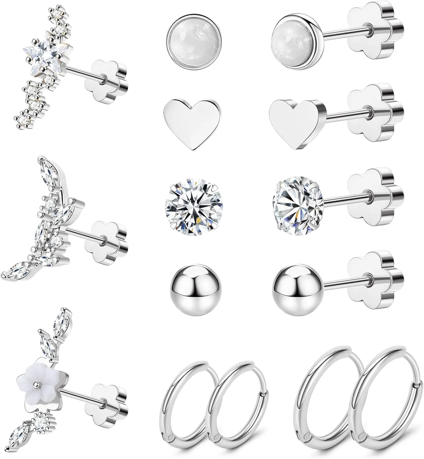 MJust Hypoallergenic Surgical Steel Earrings for Women & Men Flat Back Studs & Hoops Earrings Set for Sensitive Ears, Screwback Earrings for Cartilage