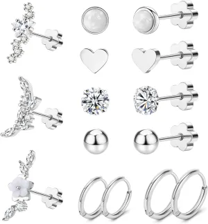 MJust Hypoallergenic Surgical Steel Earrings for Women & Men Flat Back Studs & Hoops Earrings Set for Sensitive Ears, Screwback Earrings for Cartilage