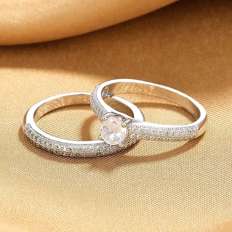 Mnyixsi 2Pcs Classic Couple Wedding Band Rings for Lover, 925 Sterling Silver AAA Cubic Zirconia Band Rings for Women Engagement Promise Statement Bridal Set Jewelry for Casual Shopping Size 8