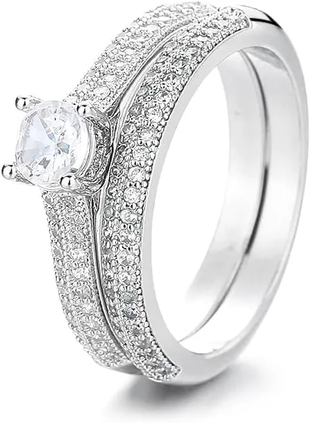 Mnyixsi 2Pcs Classic Couple Wedding Band Rings for Lover, 925 Sterling Silver AAA Cubic Zirconia Band Rings for Women Engagement Promise Statement Bridal Set Jewelry for Casual Shopping Size 8