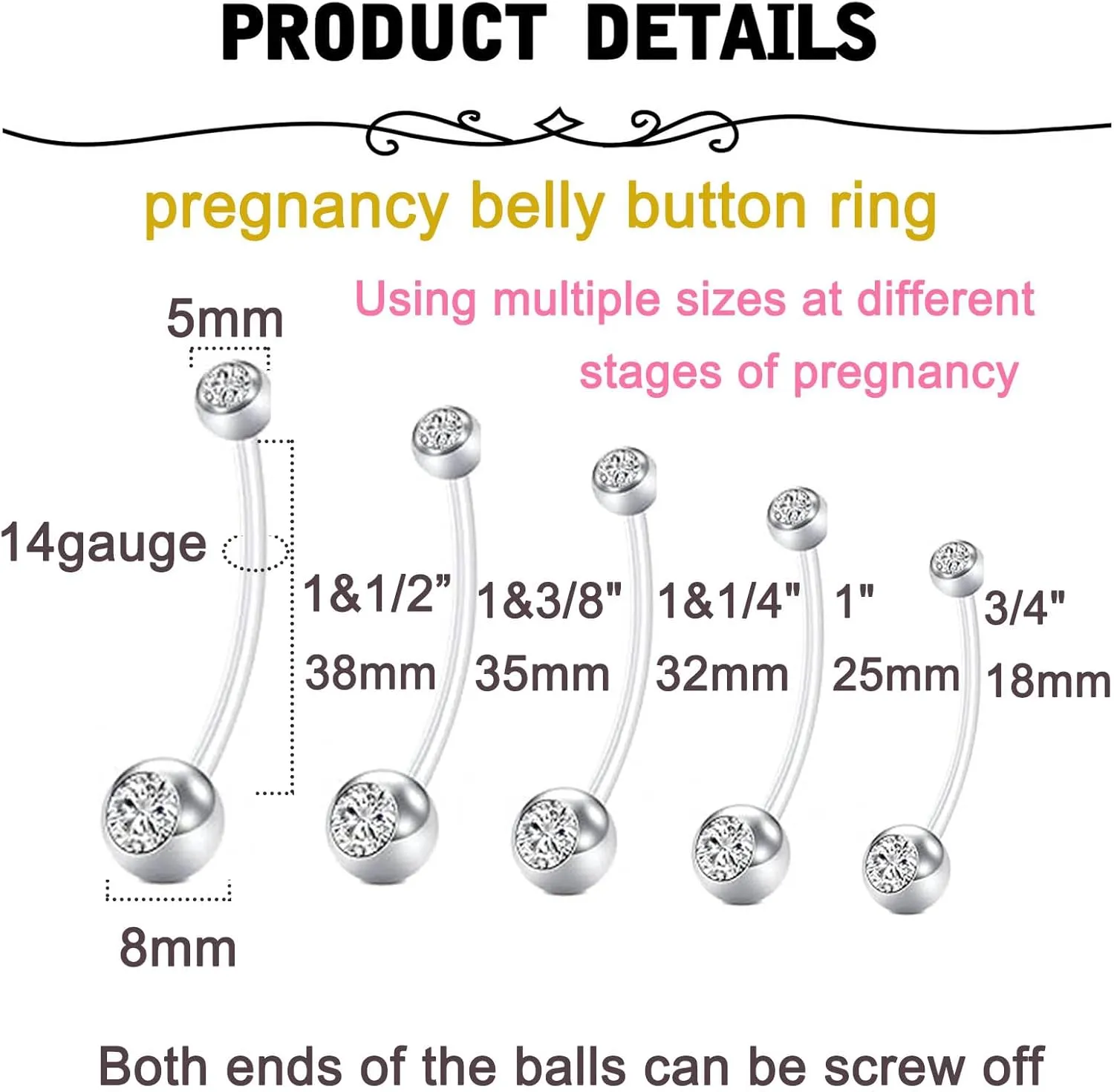 MODRSA Pregnancy Belly Button Rings Long Bar 38mm Sport Maternity Flexible Bioplast Clear Navel Belly Rings Piercing Retainer for Pregnant Women Mix Style