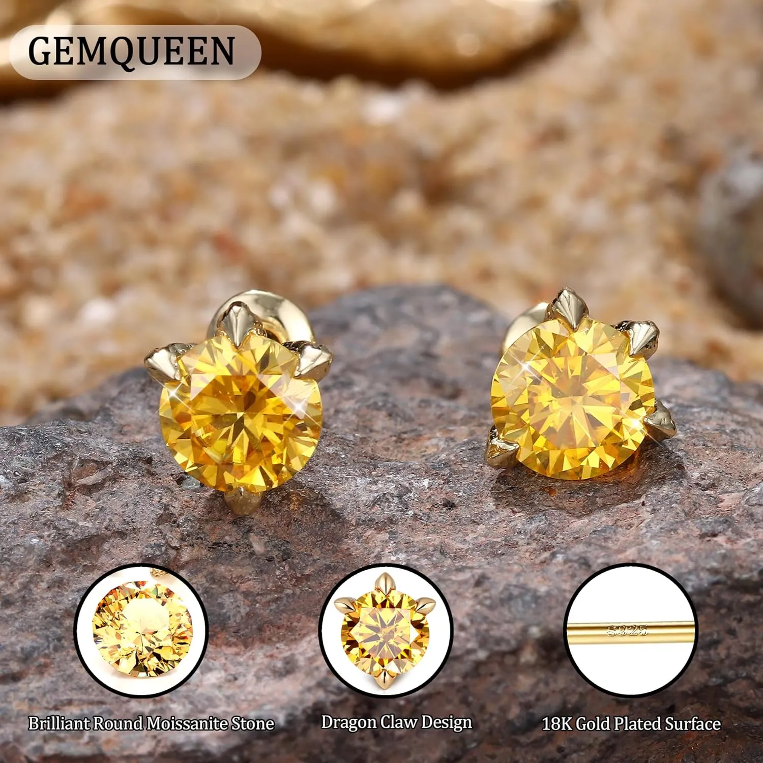 Moissanite Earrings Studs : 18K White Yellow Gold Plated 925 Sterling Silver Earrings Hypoallergenic Dragon Claw Stud for Women Men Yellow D Color VVS1 Clarity 2CT