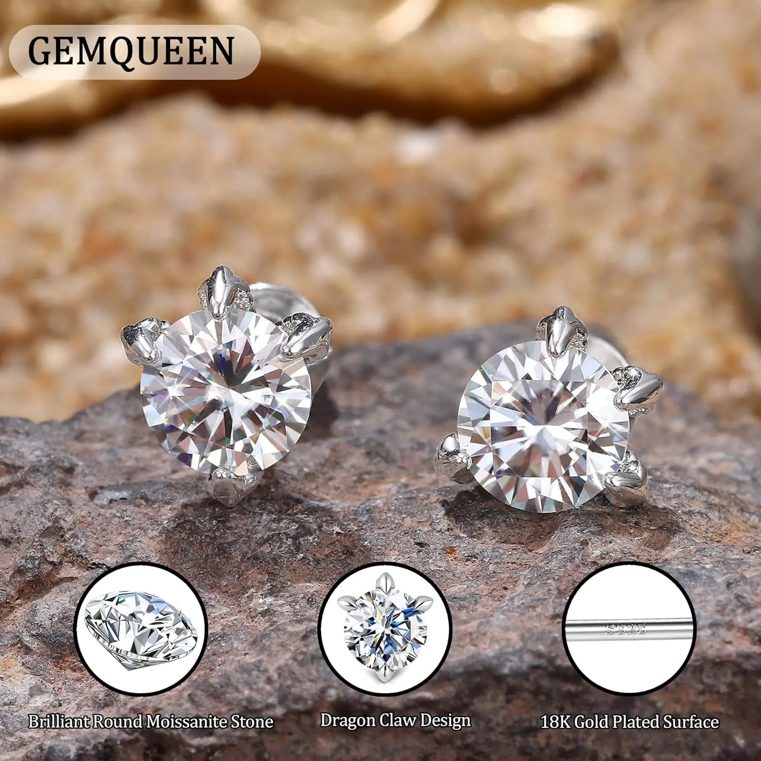 Moissanite Earrings Studs : 18K White Yellow Gold Plated 925 Sterling Silver Earrings Hypoallergenic Dragon Claw Stud for Women Men Yellow D Color VVS1 Clarity 2CT