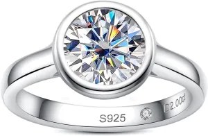 Moissanite Engagement Rings, 1/2/3 CT Bezel Setting Round Lab Created Diamond Solitaire Promise Rings in 14K White Gold Plated Sterling Silver, Anniversary Rings for Women