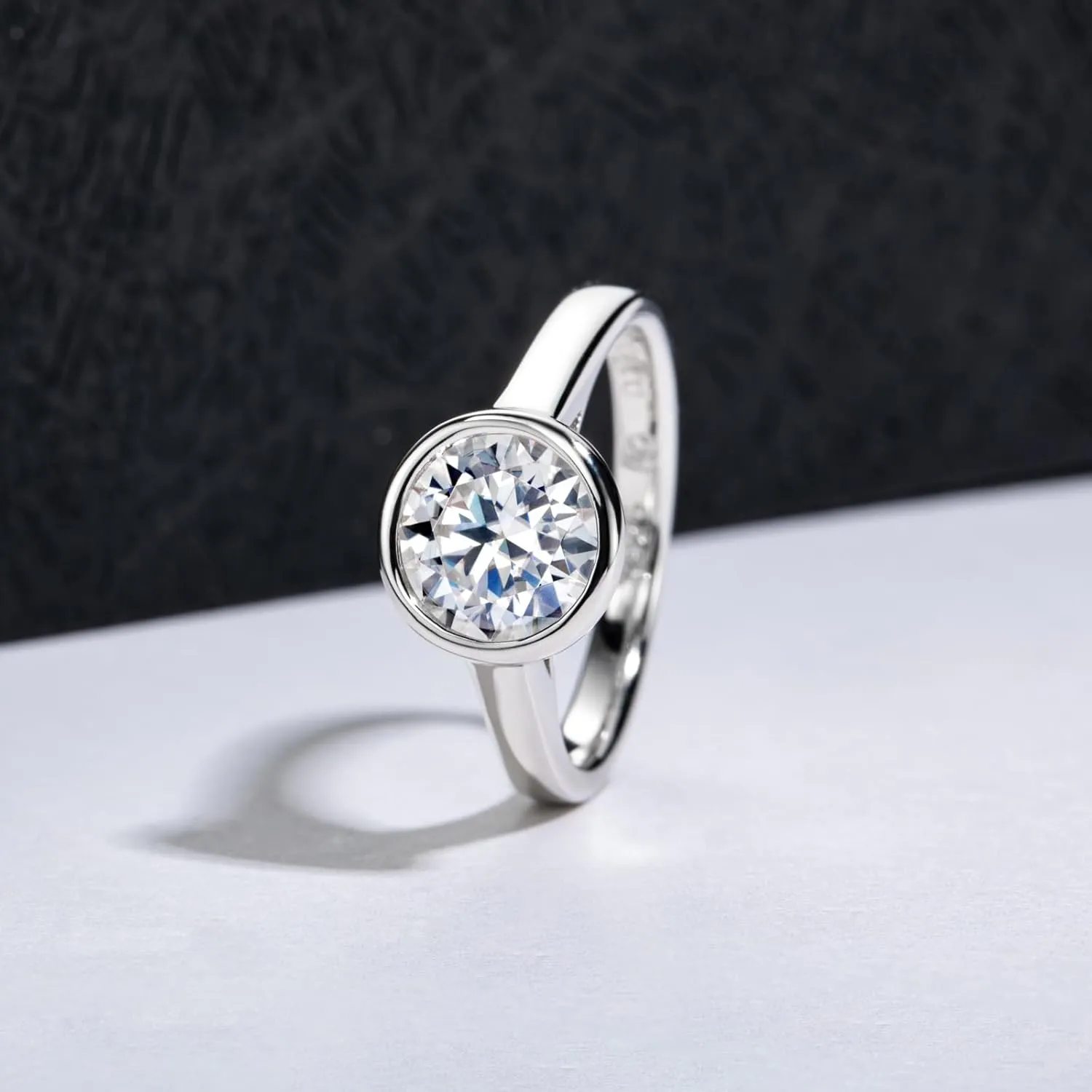 Moissanite Engagement Rings, 1/2/3 CT Bezel Setting Round Lab Created Diamond Solitaire Promise Rings in 14K White Gold Plated Sterling Silver, Anniversary Rings for Women