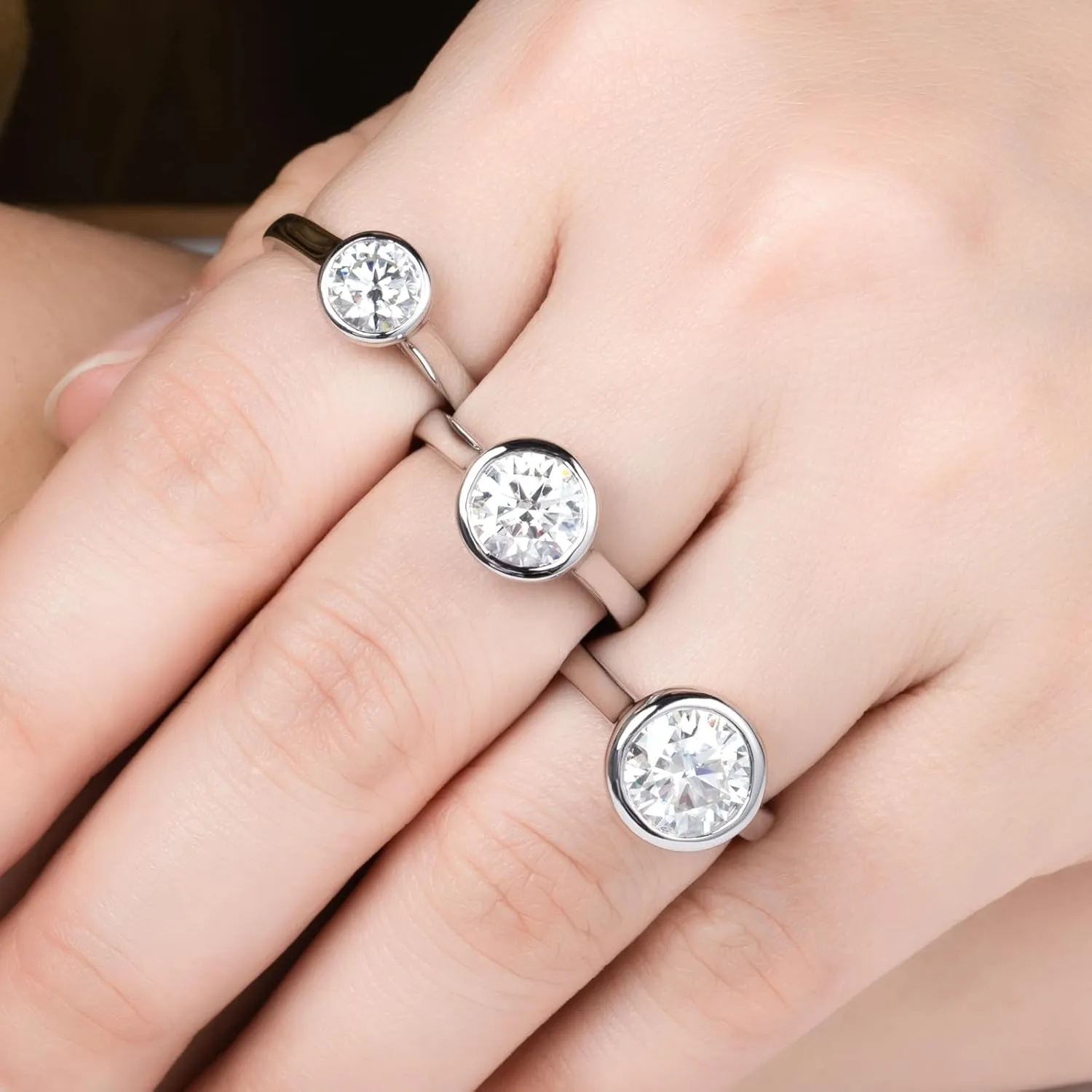 Moissanite Engagement Rings, 1/2/3 CT Bezel Setting Round Lab Created Diamond Solitaire Promise Rings in 14K White Gold Plated Sterling Silver, Anniversary Rings for Women