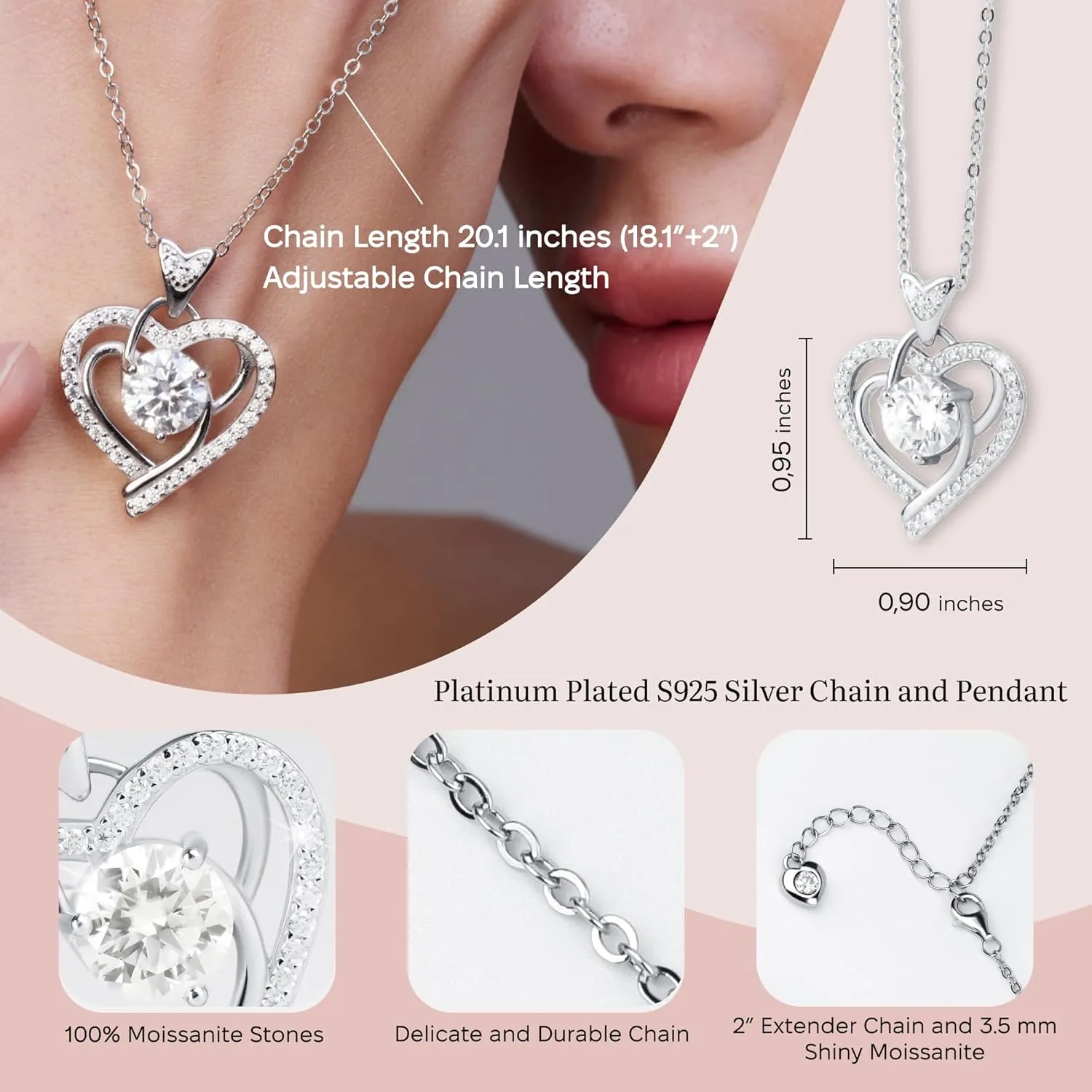 Moissanite Necklace for Women, Heart Talisman, 1-3 Carat Heart Pendant Sterling Silver Necklace, Anniversary Eternity Jewelry Gifts for Her & Birthday Gift for Wife, Women, Girlfriend, Mom