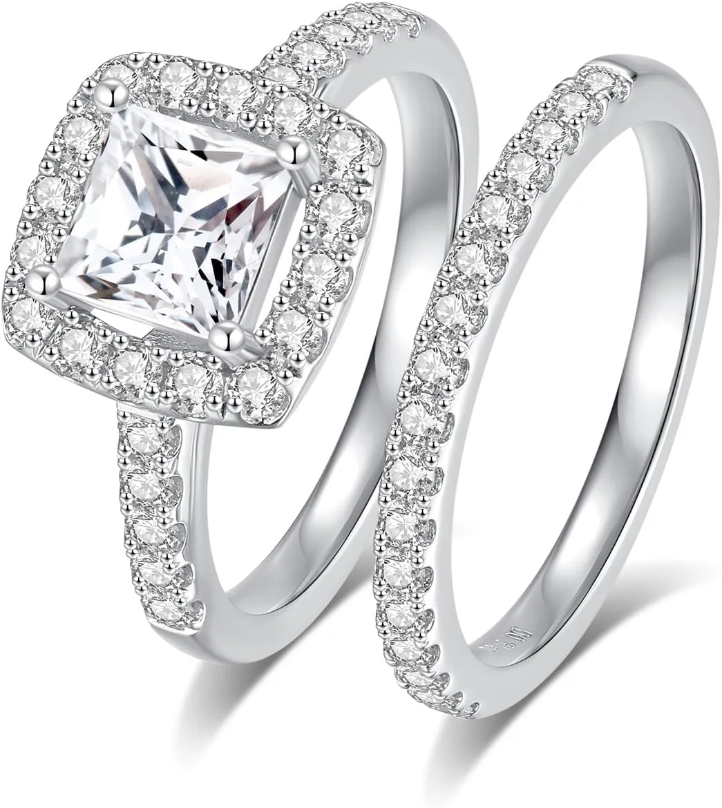Moissanite Wedding Ring Set Moissanite Bridal Ring Sets for Women D Color VVS1 Princess Cut Engagement Rings S925 Sterling Silver Promise Rings for Women Wife