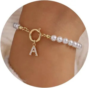 MONOZO Initial Pearl Bracelets for Women Jewelry Gifts Personalized Pearl Bracelet Dainty Gold Initial Bracelets for Women Bridesmaid Gifts Wedding Gifts Christmass Gifts