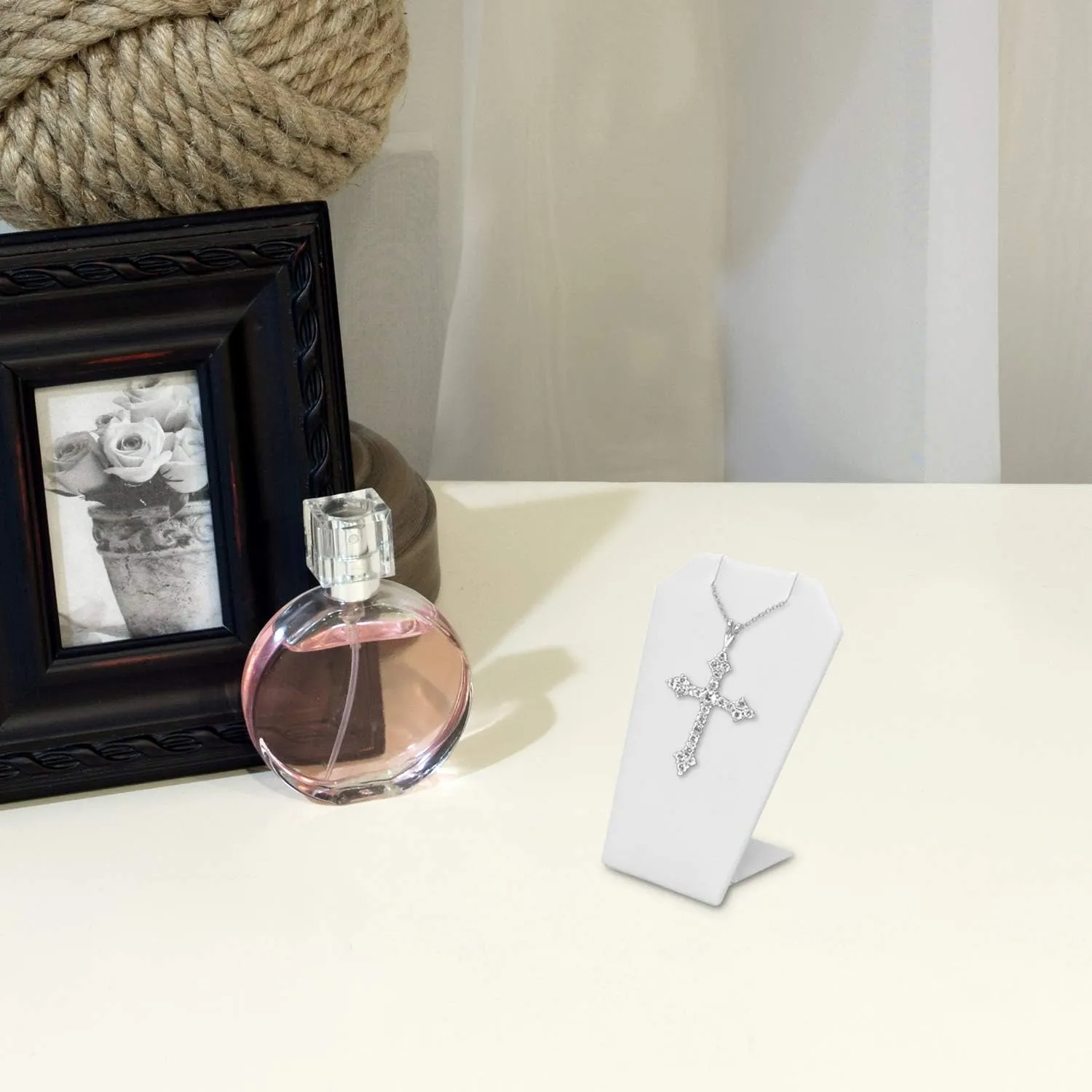 MOOCA 6 Pcs Set Mini White Faux Leather Earring Stand Necklace Chain and Pendant Display Stand, Mini Jewelry Display Holder Stand, Jewelry Showcase, 3 1/4 in Height