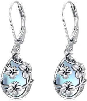 Moonstone Earrings 925 Sterling Silver Flower Teardrop Leverback Dangle Earrings Jewelry Gifts for Women Girls