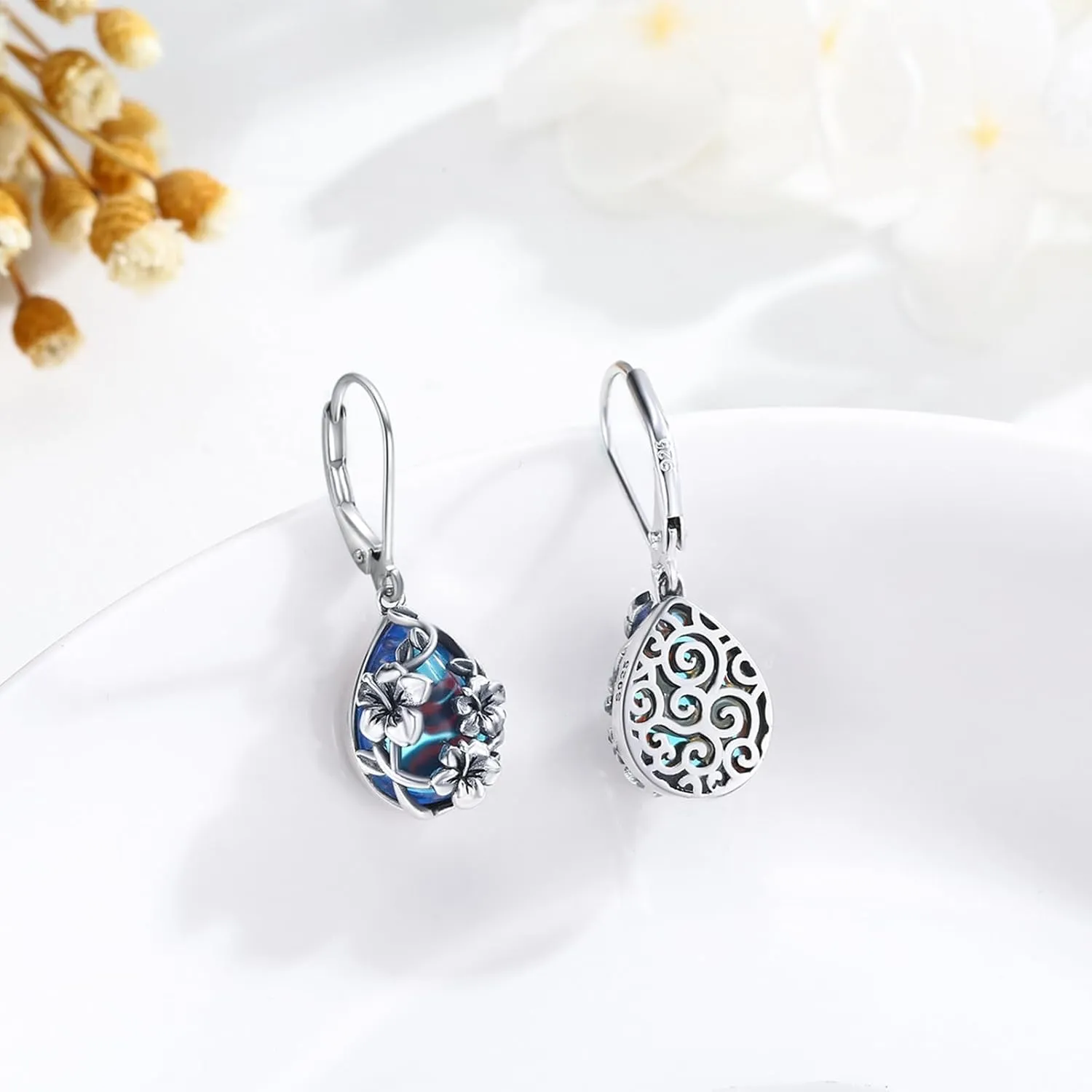 Moonstone Earrings 925 Sterling Silver Flower Teardrop Leverback Dangle Earrings Jewelry Gifts for Women Girls