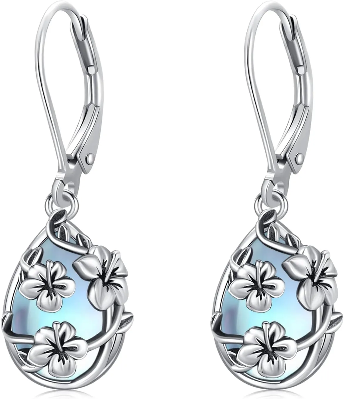 Moonstone Earrings 925 Sterling Silver Flower Teardrop Leverback Dangle Earrings Jewelry Gifts for Women Girls