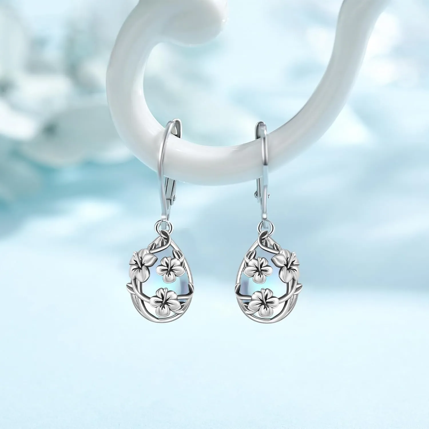 Moonstone Earrings 925 Sterling Silver Flower Teardrop Leverback Dangle Earrings Jewelry Gifts for Women Girls