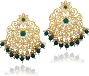 Moonstruck Traditional Indian Kundan and Pearl Golden Chandbali Earrings for Women Festive Ethnic Wear Emerald Green Statement Bali Jewellery Lightweight Wedding Party Office Style Accessory