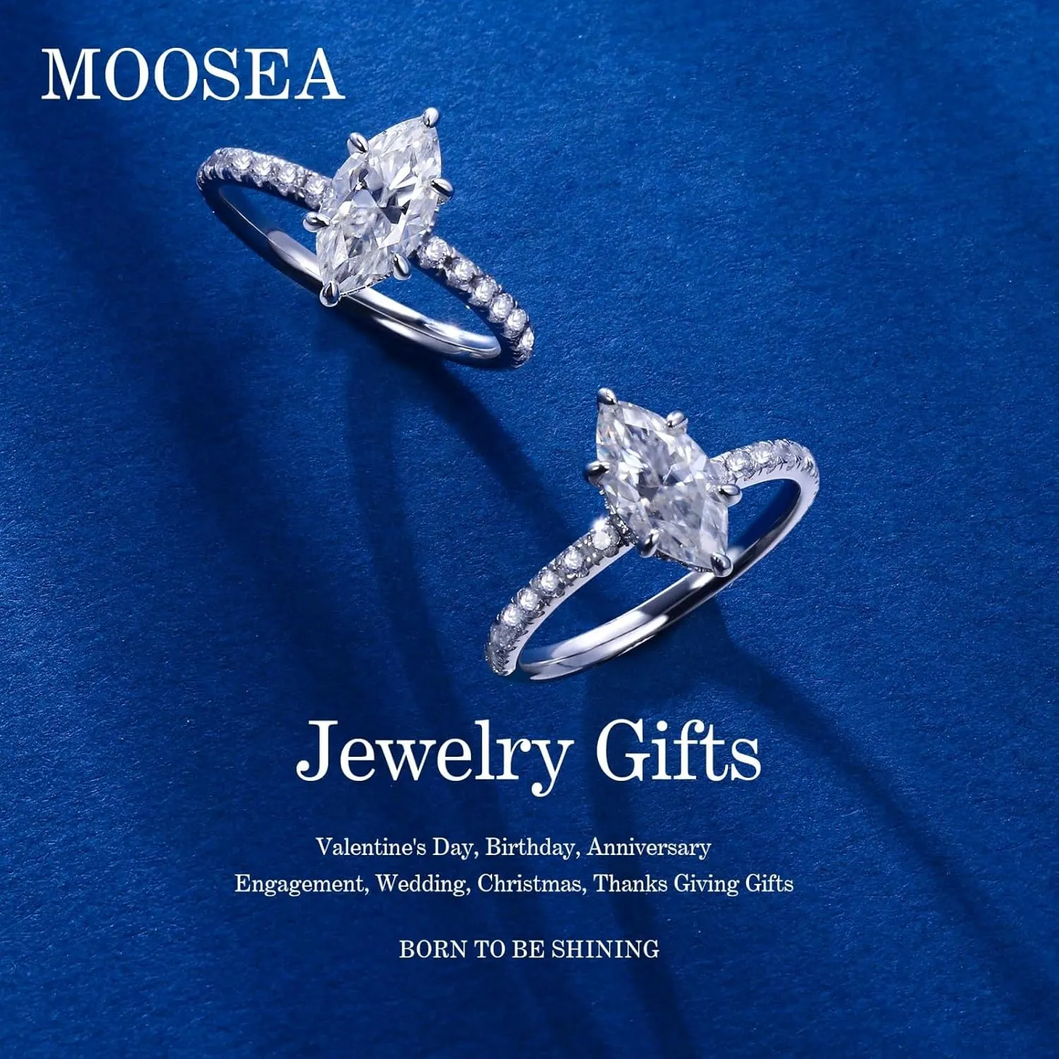 MOOSEA Marquise Moissanite Rings for Women, 1.5ct D Color VVS1 Clarity Lab Created Diamond Rings 14K White Gold Vermeil Anniversary Wedding Ring Moissanite Engagement Rings for Women Mom Wife Gifts
