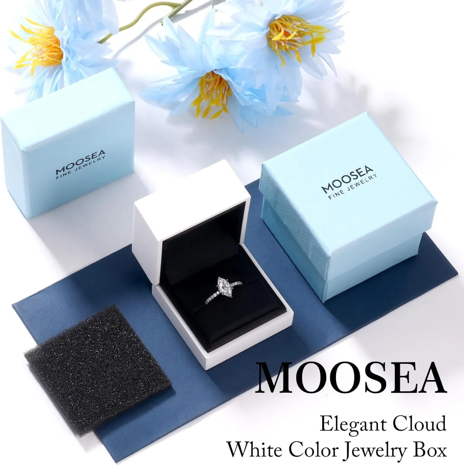 MOOSEA Marquise Moissanite Rings for Women, 1.5ct D Color VVS1 Clarity Lab Created Diamond Rings 14K White Gold Vermeil Anniversary Wedding Ring Moissanite Engagement Rings for Women Mom Wife Gifts