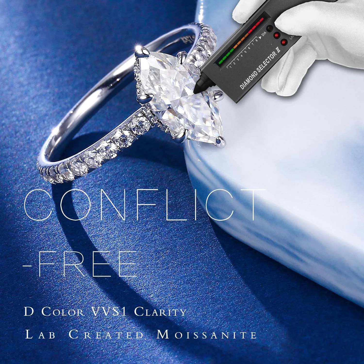 MOOSEA Marquise Moissanite Rings for Women, 1.5ct D Color VVS1 Clarity Lab Created Diamond Rings 14K White Gold Vermeil Anniversary Wedding Ring Moissanite Engagement Rings for Women Mom Wife Gifts