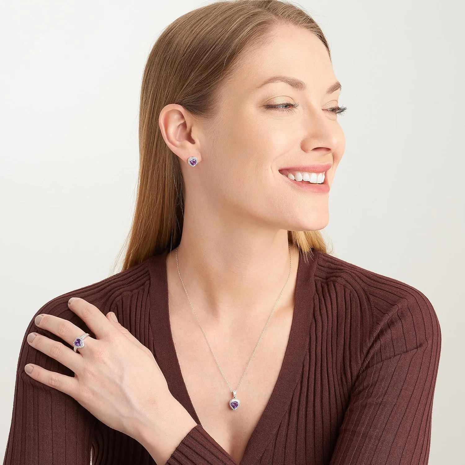 MORGAN & PAIGE .925 Sterling Silver Gemstones and White Sapphire Halo Heart Pendant Necklace, Ring and Stud Earrings for Women Set - Birthstone Jewelry Sets for Women, 18in Cable Chain, Size 7 Ring
