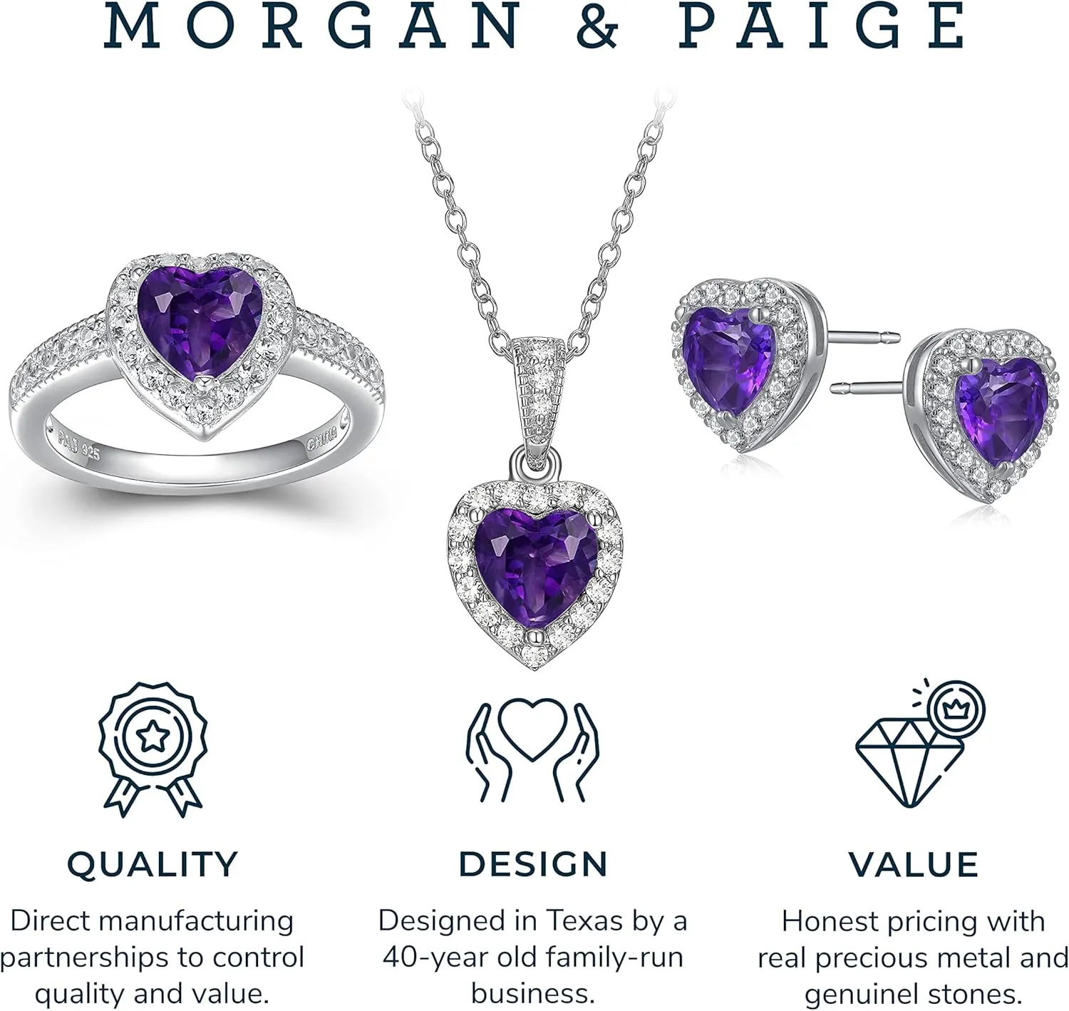 MORGAN & PAIGE .925 Sterling Silver Gemstones and White Sapphire Halo Heart Pendant Necklace, Ring and Stud Earrings for Women Set - Birthstone Jewelry Sets for Women, 18in Cable Chain, Size 7 Ring