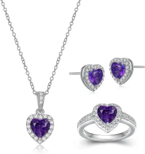 MORGAN & PAIGE .925 Sterling Silver Gemstones and White Sapphire Halo Heart Pendant Necklace, Ring and Stud Earrings for Women Set - Birthstone Jewelry Sets for Women, 18in Cable Chain, Size 7 Ring
