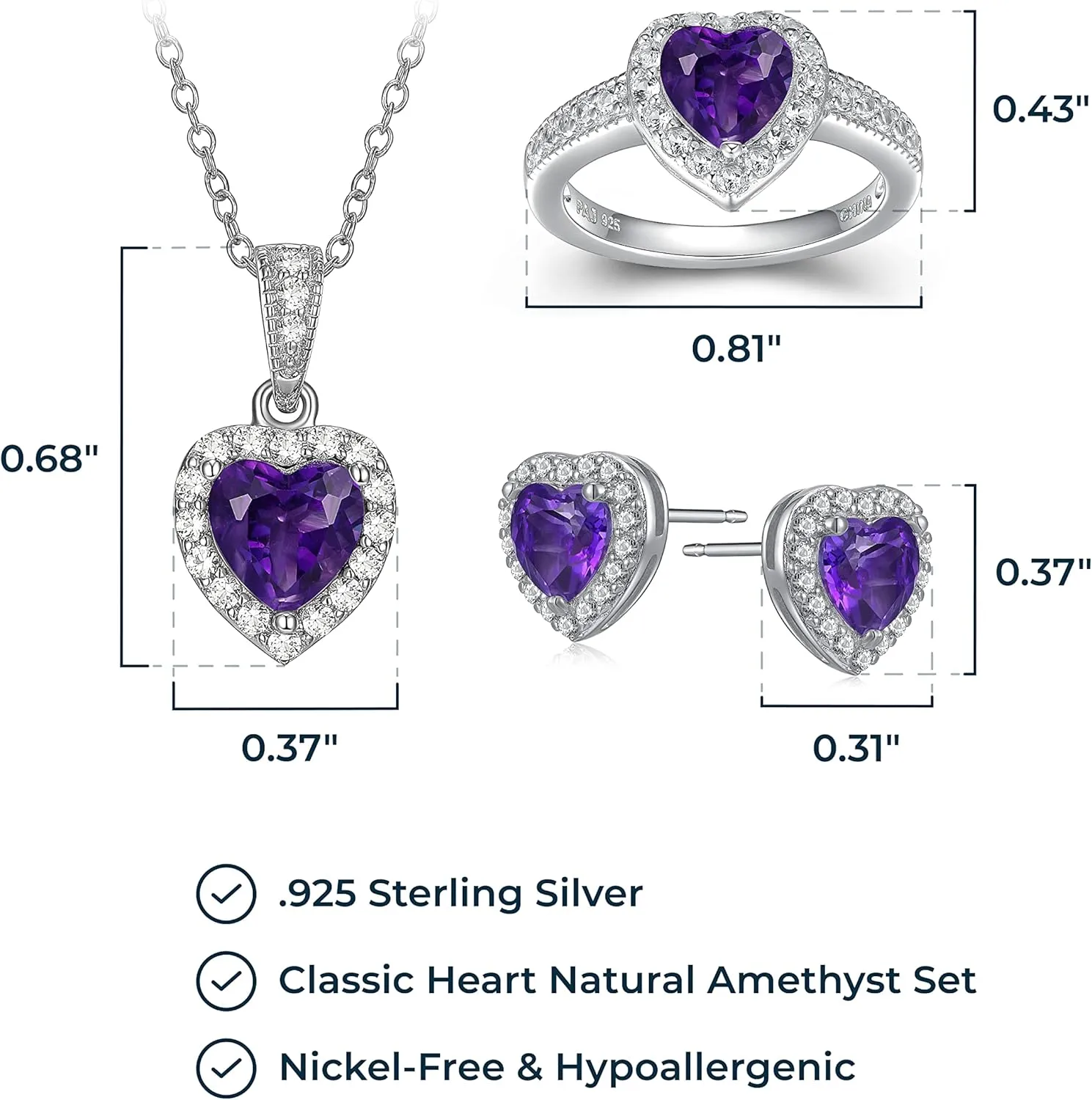 MORGAN & PAIGE .925 Sterling Silver Gemstones and White Sapphire Halo Heart Pendant Necklace, Ring and Stud Earrings for Women Set - Birthstone Jewelry Sets for Women, 18in Cable Chain, Size 7 Ring
