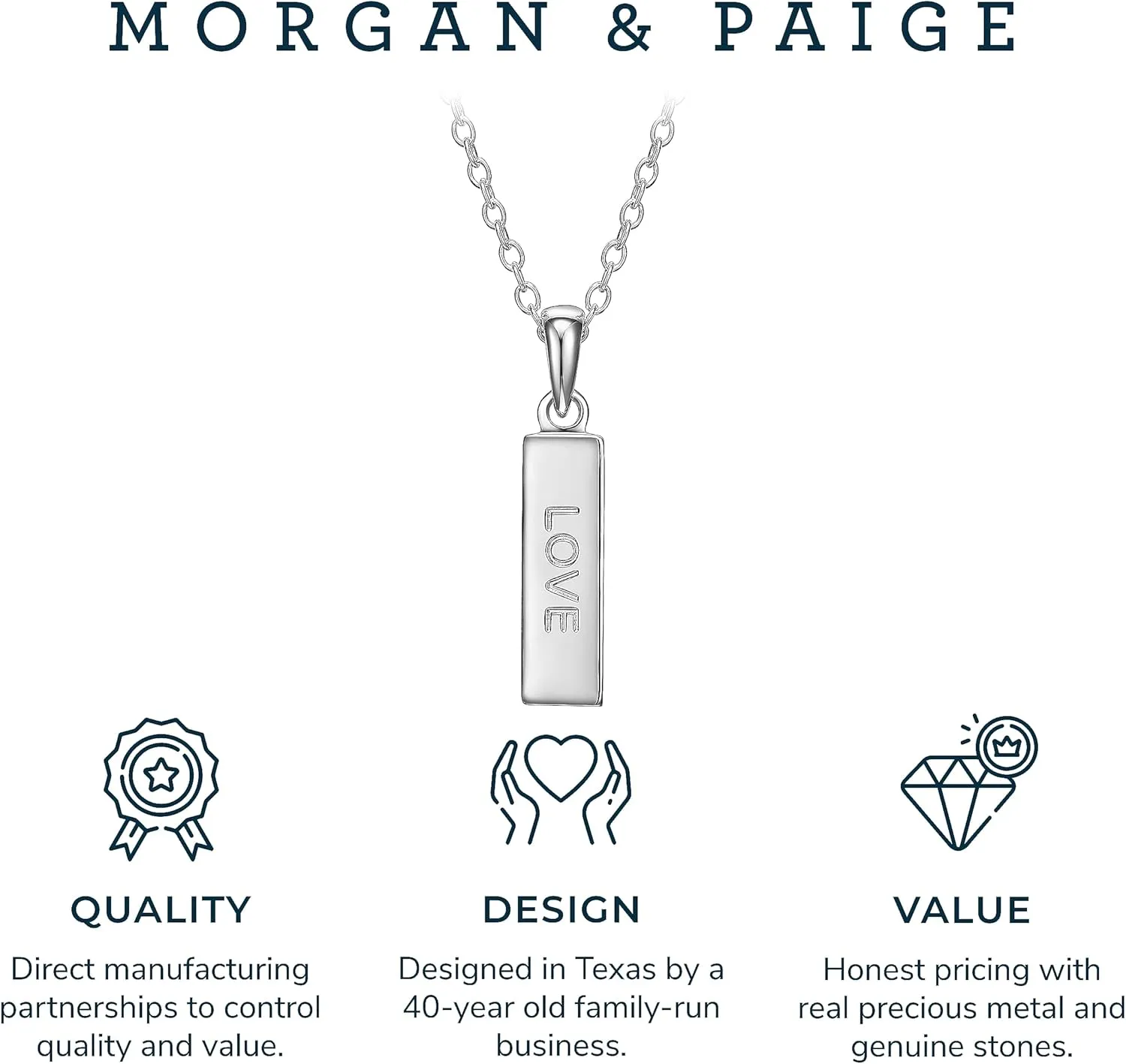 MORGAN & PAIGE .925 Sterling Silver Rhodium Plated Vertical Bar Sentiment Pendant Necklaces for Women - Lightweight and Dainty Sterling Silver Necklace for Women, Jewelry for Her 18 inch Rope Chain